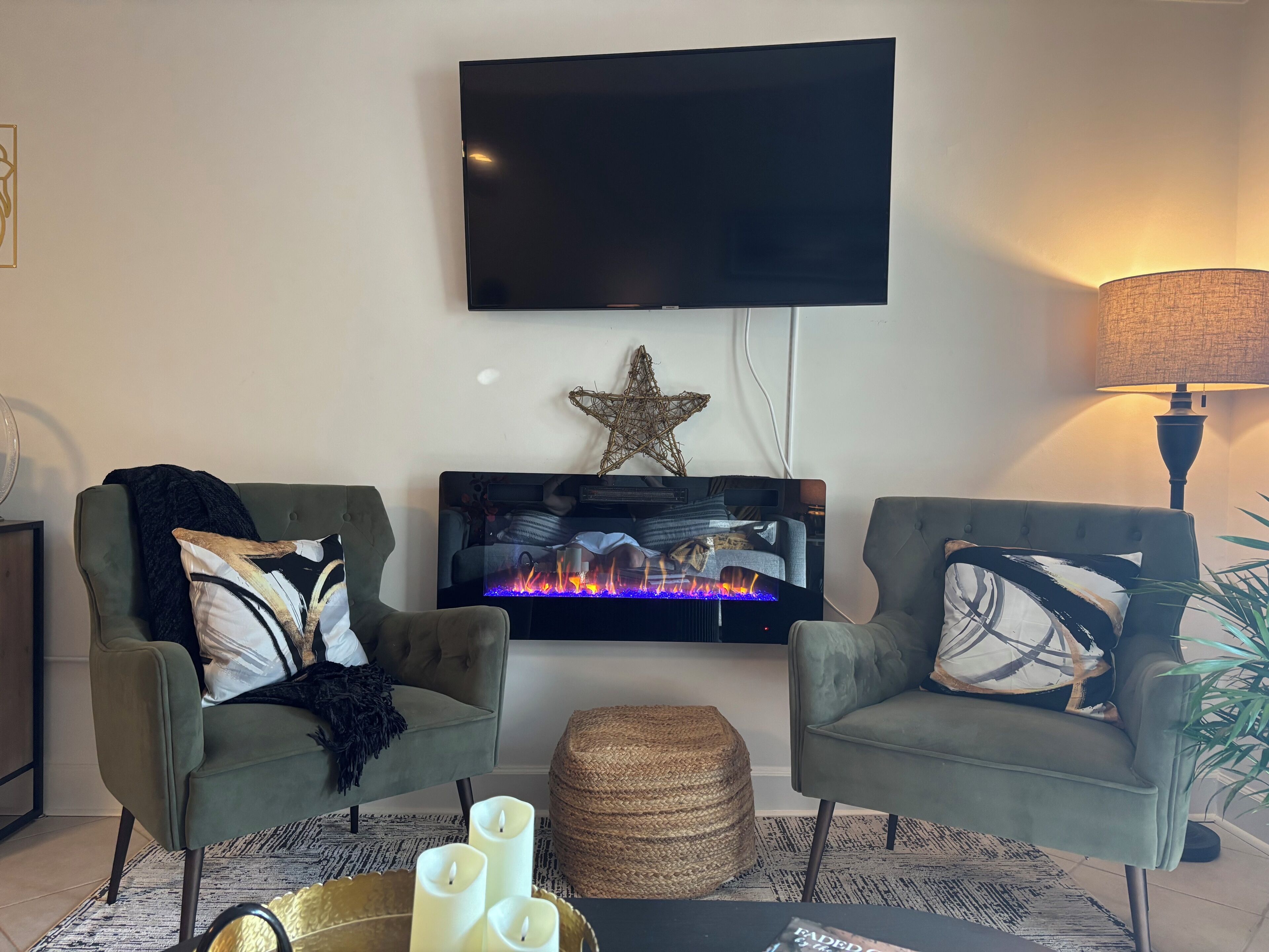 Smart TV, fireplace, books
