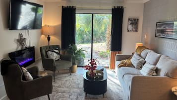 Smart TV, fireplace, books