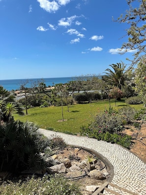 Ein angelegter Garten mit einem gepflasterten Weg, verschiedenen Pflanzen und Blick auf den Ozean.