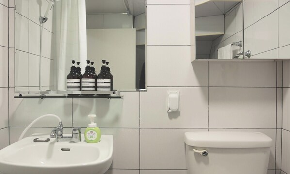 Een badkamer met een wastafel, spiegel en toilet. Op de wastafel staan drie flessen shampoo, een fles douchegel en een groene zeepfles.