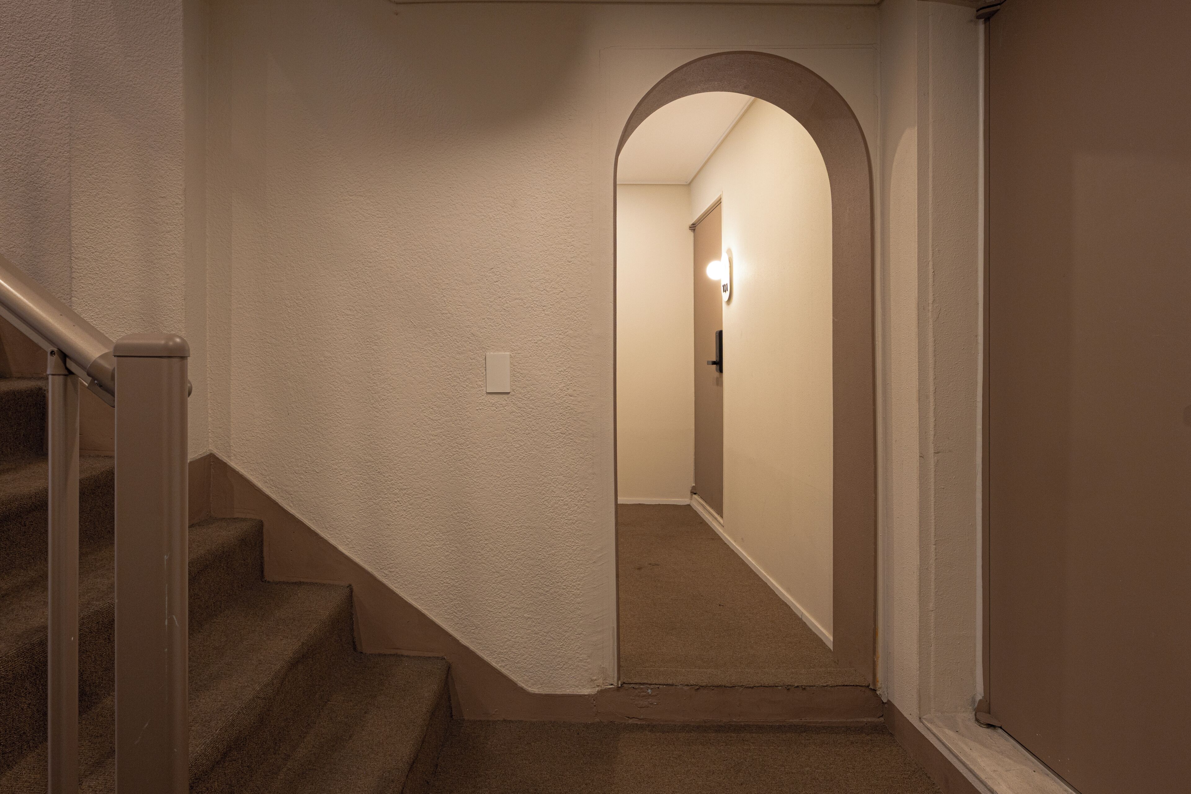 A carpeted staircase leading to a hallway with a white wall and an arched doorway.