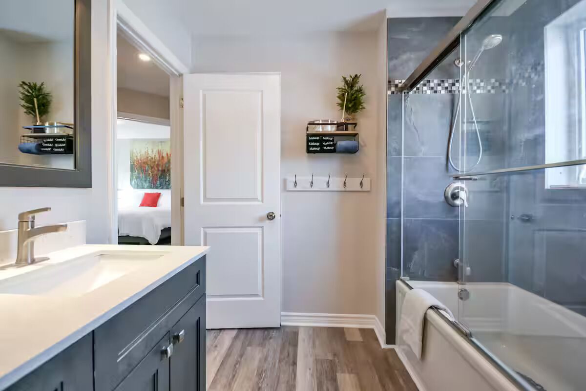 Shower, towels, soap, toilet paper