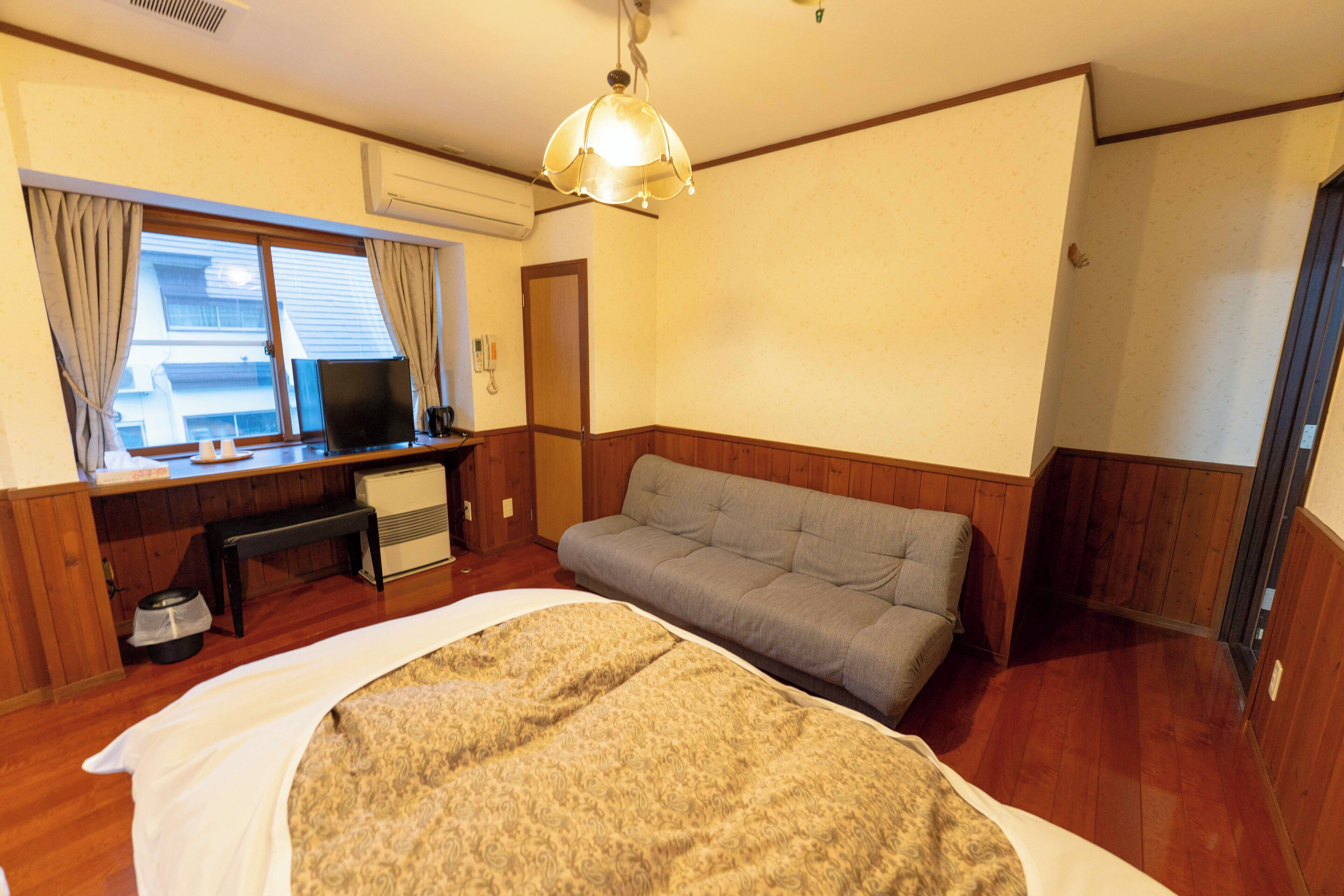 A hotel room with a bed, a sofa, a desk with a television, and an air conditioning unit.