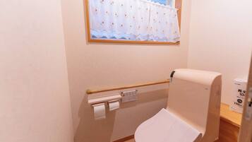 A small bathroom with a toilet, a toilet paper holder, and a window with a floral curtain.