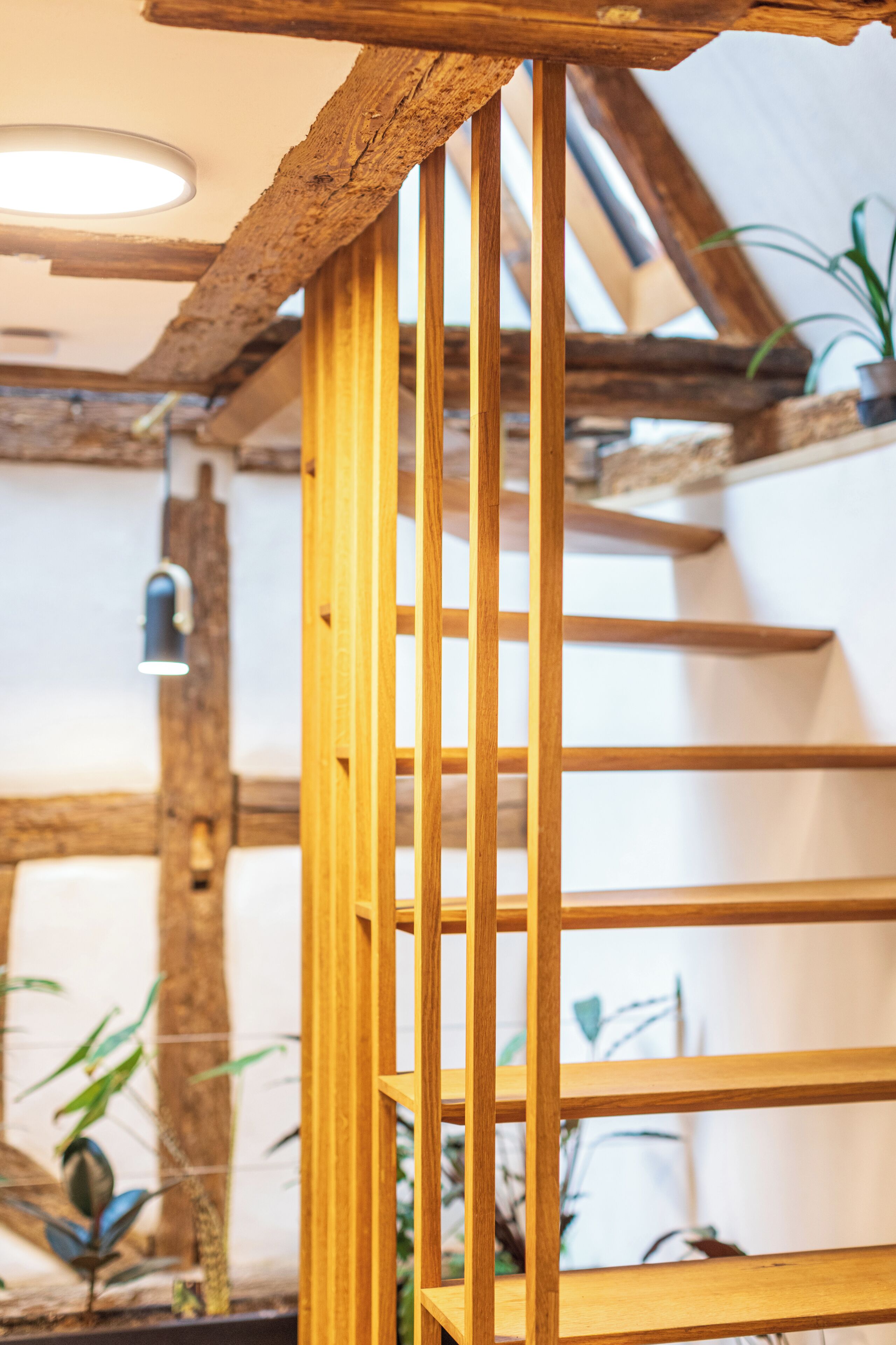 Een houten trap met leuning, een plafondlamp en potplanten.