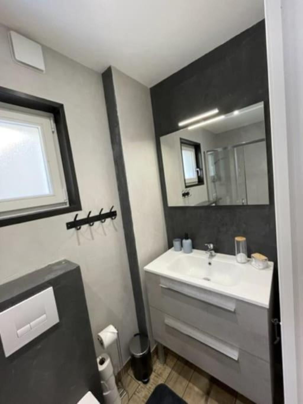Hair dryer, towels, soap, toilet paper