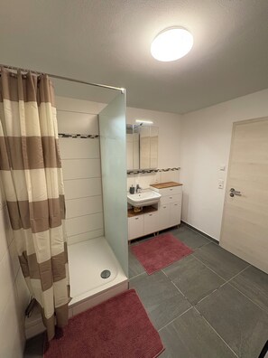 A bathroom with a shower, a sink, a mirror, and a door. - Vacation apartment in Oettingen in Bavaria (Oettingen in Bayern)