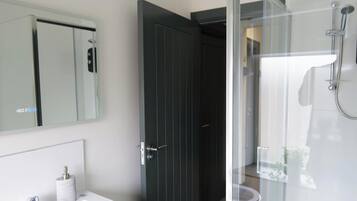 Shower, hair dryer, towels, shampoo