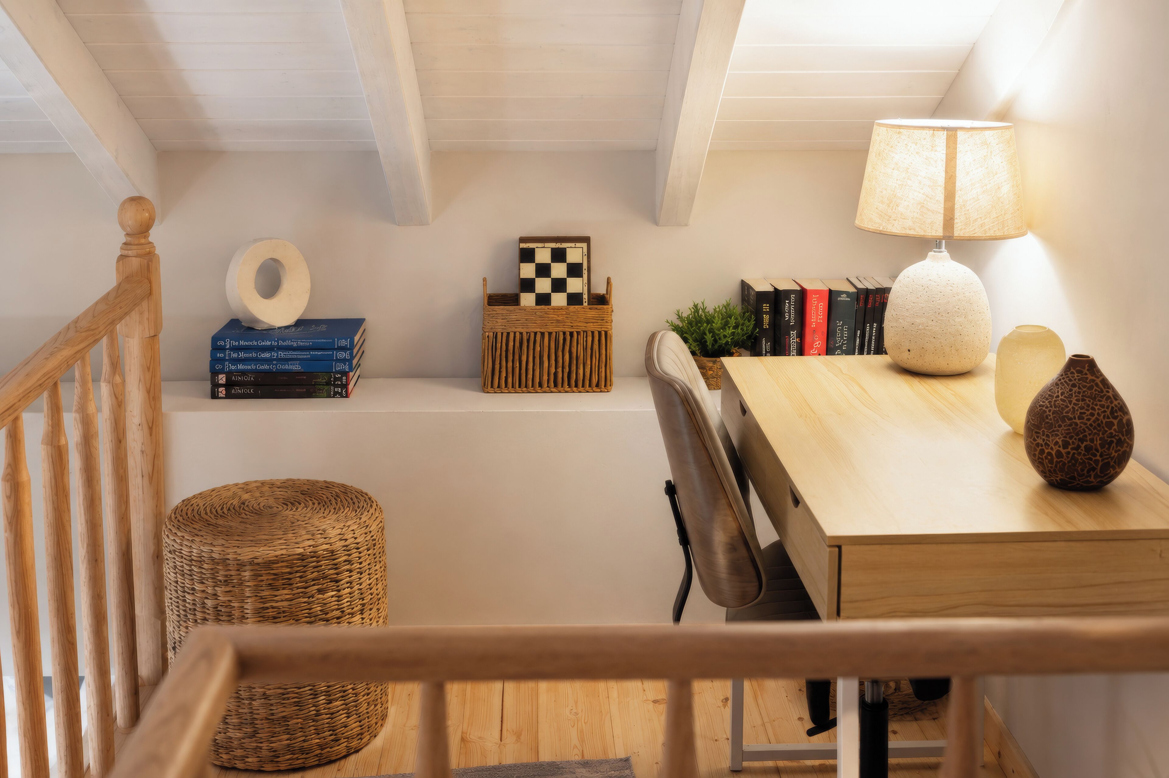 Une table de salle à manger en bois, avec une lampe, des livres, une boîte à carreaux et un panier tressé.