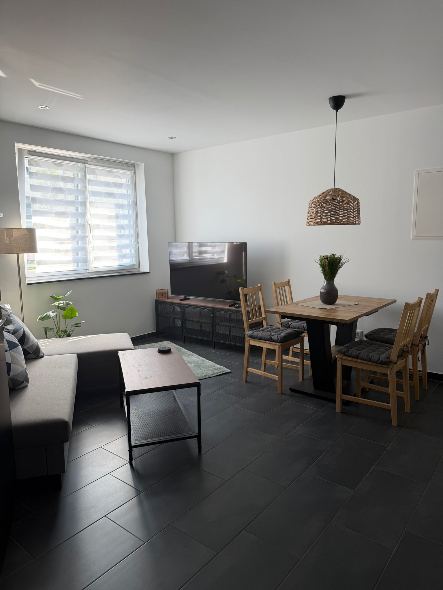 A modern living room with a sofa, a dining table with chairs, a TV, and a hanging light fixture.