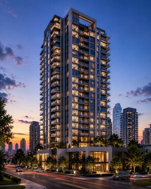 A high-rise building with multiple balconies, a modern architectural design, and a view of the cityscape at dusk. - Dorsett Residences by Bukit Bintang (Kuala Lumpur)