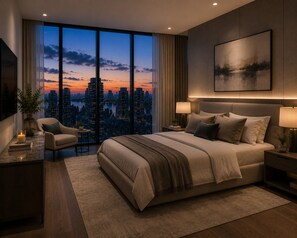A modern bedroom with a large bed, two bedside tables, a chair, a view of the cityscape at dusk, and a mounted artwork. - Dorsett Residences by Bukit Bintang (Kuala Lumpur)