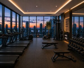 A gym with treadmills, weight machines, and dumbbells, featuring a cityscape view through large windows. - Dorsett Residences by Bukit Bintang (Kuala Lumpur)