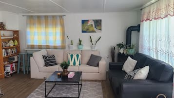 Una sala de estar con un sofá beige, un sofá negro, una mesita de centro, una estantería y un cuadro en la pared.