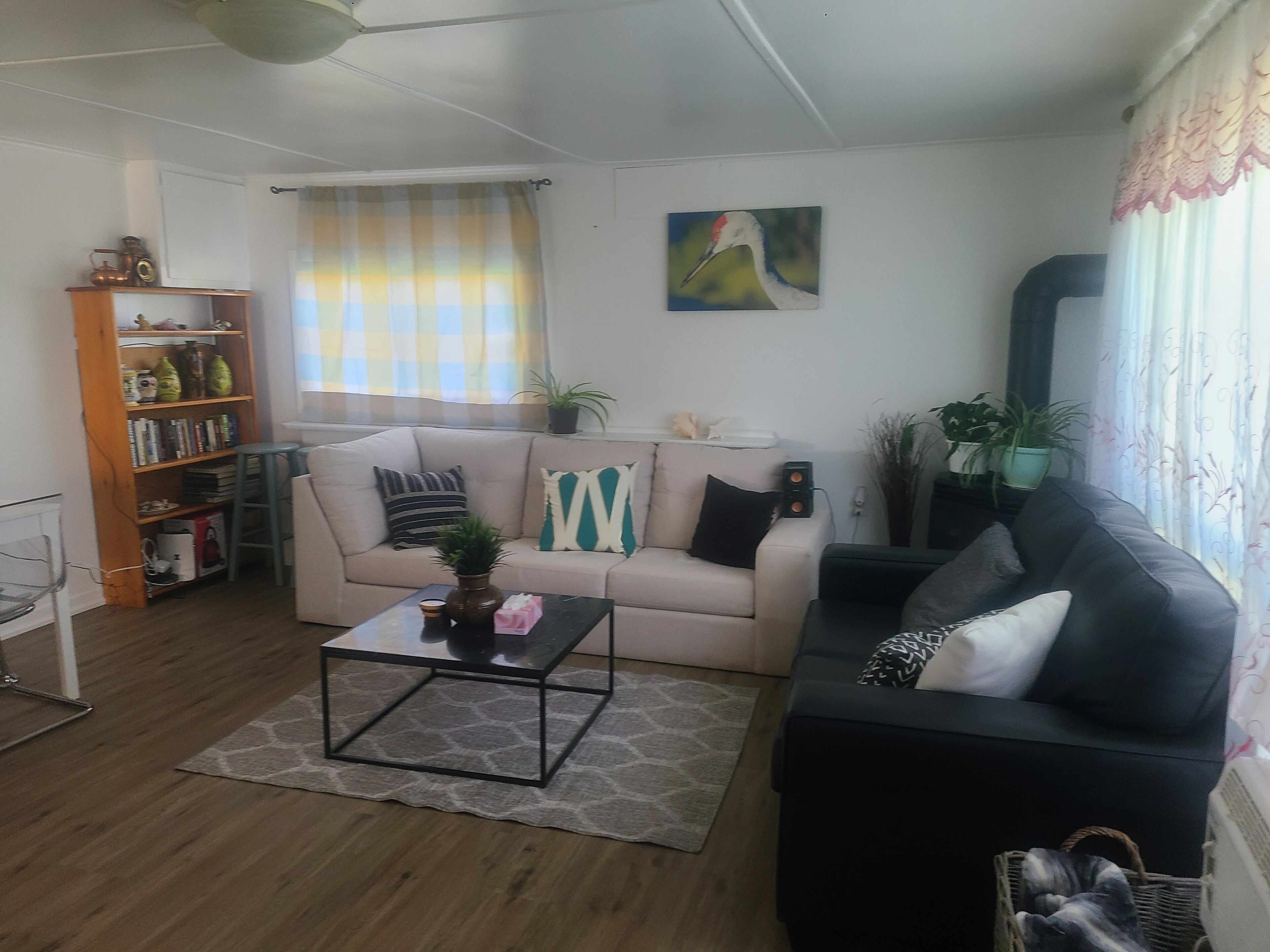 A living room with a sofa, a coffee table, a bookshelf, and a painting on the wall.