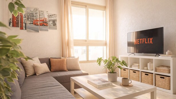 Una sala de estar con un sofá, una mesa de centro, un televisor y una estantería.