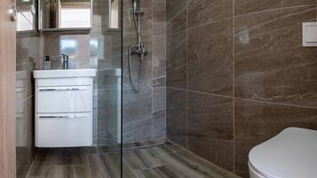 A modern bathroom with a glass shower enclosure, a white sink, and a toilet.