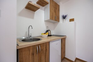 A compact kitchen with a sink, wooden cabinets, a small refrigerator, and a coffee maker on the countertop. - Sea view apartment 9 (Neum)