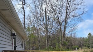 A wooden deck with a bench and a table, surrounded by a railing, with trees in the background. - Cozy 2-bedroom bungalow in gorgeous Mount Storm with AC (Mount Storm)
