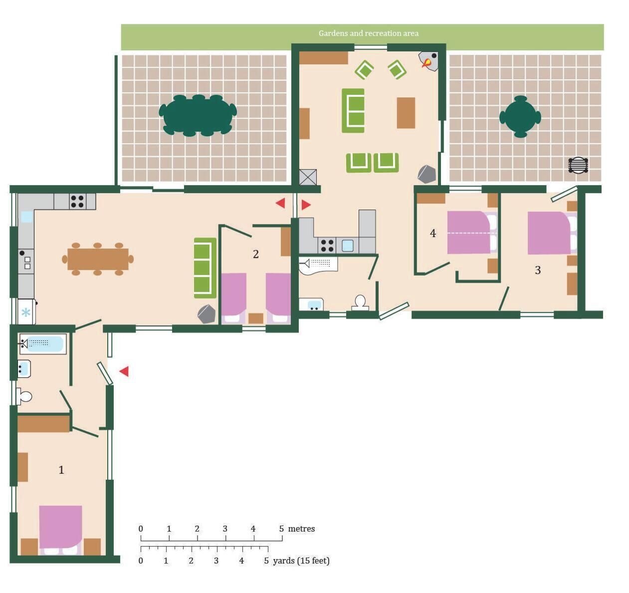 A floor plan with a kitchen, dining area, two bedrooms, a bathroom, and a garden area.