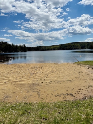 Ein Sandstrand mit einem See, Bäumen und einem teilweise bewölkten Himmel.