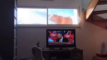 Ett rum med en tv-apparat som visar ett nyhetsprogram, ett fönster med utsikt över en ko och en trappa.