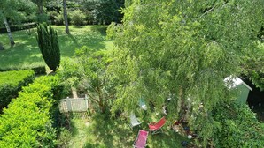 Un jardin avec une pelouse, une clôture en bois et un abri de jardin.
