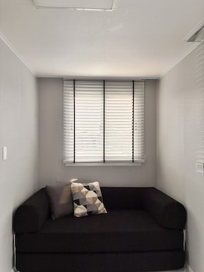 Una habitación con un sofá negro, un cojín estampado y una ventana con persianas.