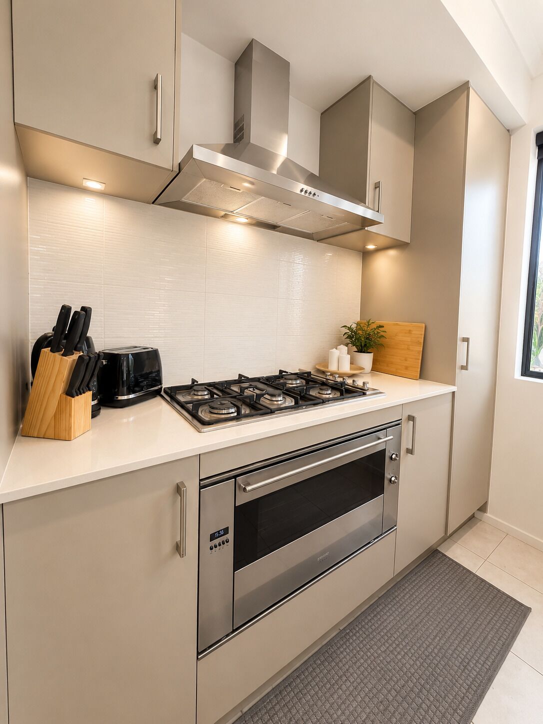 A modern kitchen with a gas stove, oven, and stainless steel cabinets.