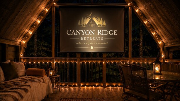 A cozy retreat area with a banner reading 'CANYON RIDGE RETREATS' and a wooden deck with string lights.