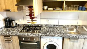 Una cocina con estufa a gas, horno y lavadora integrada.