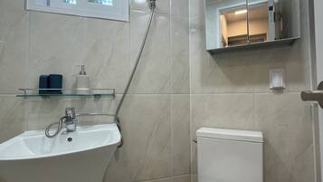 Hair dryer, towels, soap, toilet paper