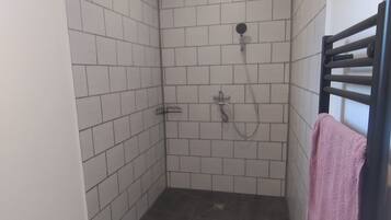 Shower, towels, soap, toilet paper
