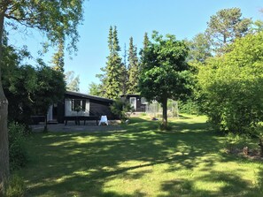 Une cabane dotée d’une terrasse, entourée d’arbres et offrant une vue sur un ciel dégagé.