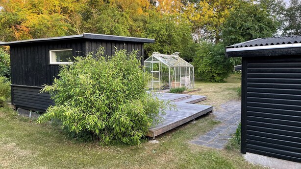 A small, black wooden structure with a window, a green bush, and a transparent greenhouse. - Charming 2-bedroom cottage in Kulhuse, with a wonderful garden, close the beach (Kulhuse)