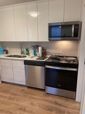 A modern kitchen with stainless steel appliances, a microwave, and a dishwasher.