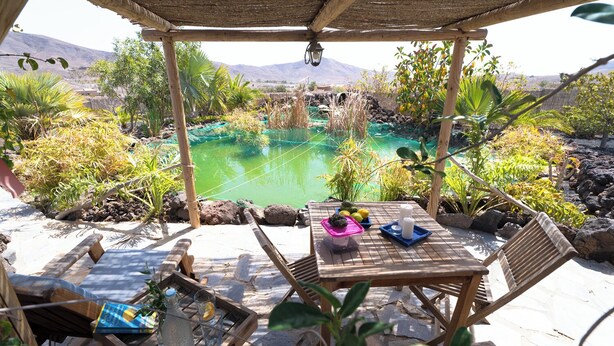 Ein überdachter Sitzbereich im Freien mit Tisch, Stühlen und Blick auf einen grünen Pool.