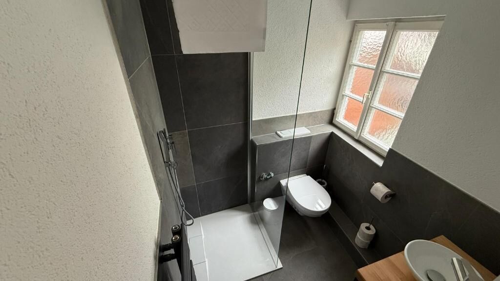 A bathroom with a shower, toilet, and sink.