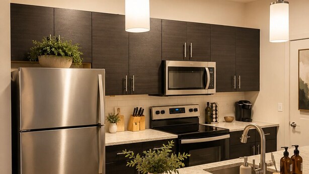 Una cocina moderna con armarios oscuros, electrodomésticos de acero inoxidable, encimera de mármol e iluminación colgante.