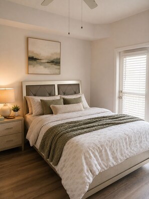 Una camera da letto con un letto, un comodino, una lampada e un quadro appeso al muro.