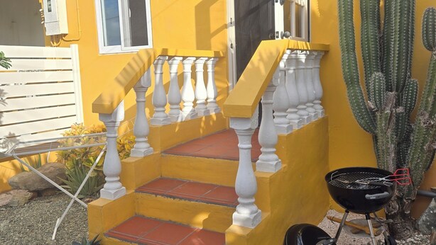 Ein gelbes Haus mit Treppe, Fenster, Tür und einer Kaktee.