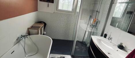 Secadora de cabello, toallas, papel de baño
