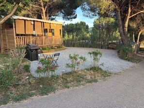 Een houten hut met terras, barbecue en grindpad met planten.