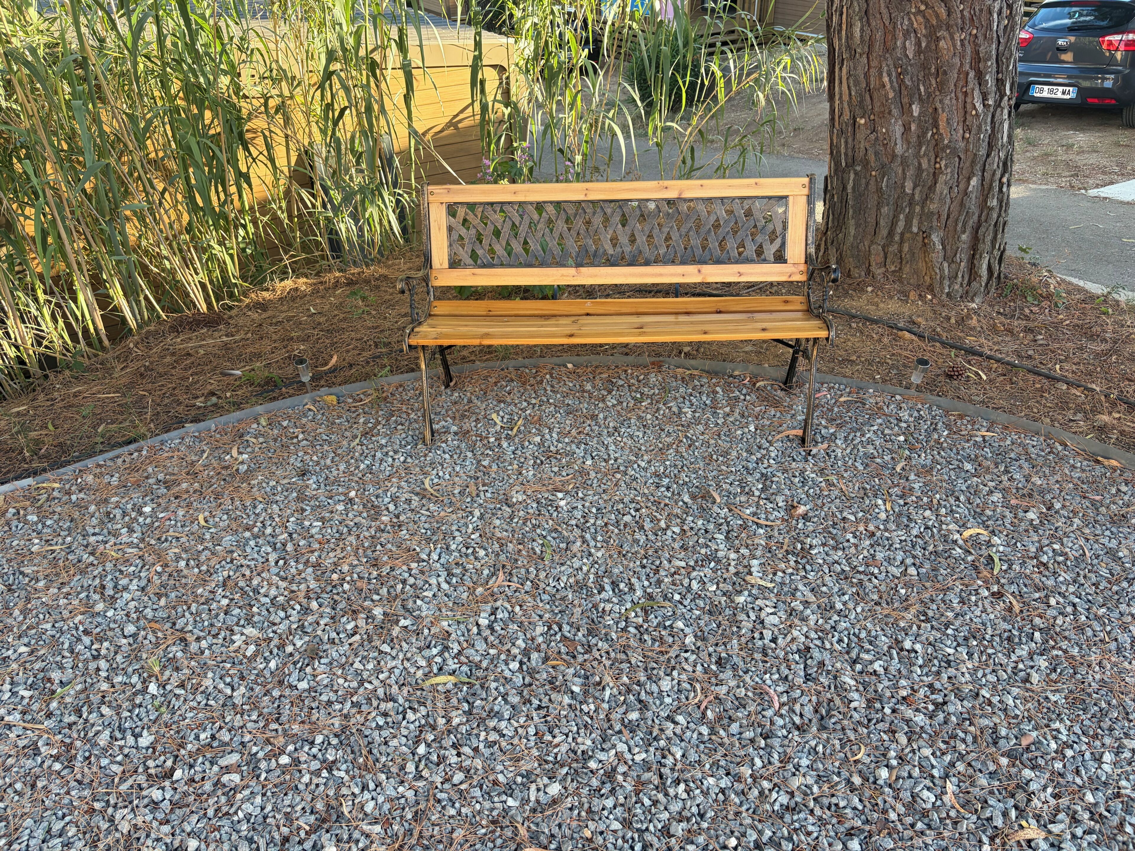 A wooden bench with a metal frame, surrounded by gravel, with a tree and plants in the background.