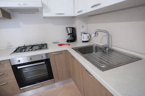 A modern kitchen with a gas stove, oven, stainless steel sink, and a coffee maker. - Francy House: Pool, Relaxation, Lake Garda, A/C, WiFi (Castelnuovo del Garda)