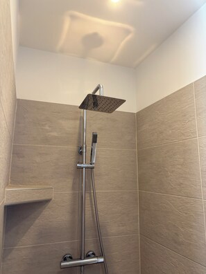 Une douche équipée d’un pommeau de douche à main et d’un pommeau de douche fixe fixé au mur.