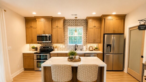 A modern kitchen with wooden cabinets, stainless steel appliances, and a central island with two woven chairs. - Beautiful Brand New Build 3-bedroom house in peaceful Rolesville 2 king bed (Rolesville)