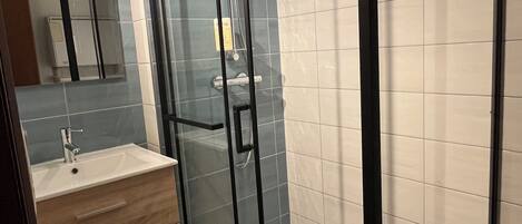 Shower, hair dryer, toilet paper