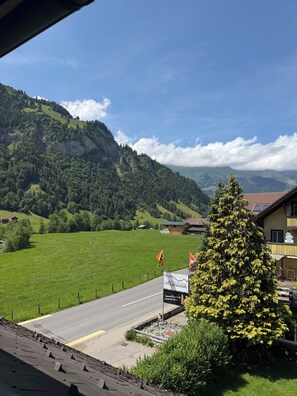 Ländliche Landschaft mit einer Straße, einem Schild für 'Alpenhaus' und einem Gebäude mit gelber Fassade.