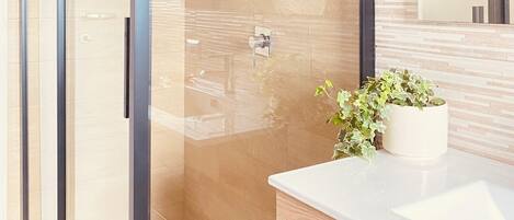 Shower, hair dryer, bidet, towels